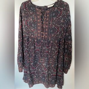 Bluenotes Boho Lace-Up Front Peasant Tunic Dress / Blouse - Size Large